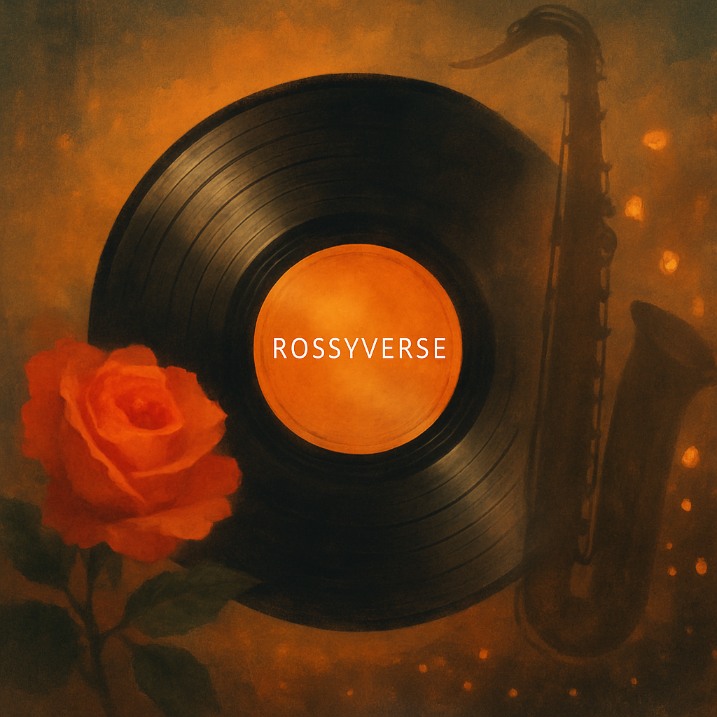レコード盤とサックスが描かれた、ジャズを感じさせるヴィンテージ風の抽象イラスト。中央に「ROSSYVERSE」の文字。