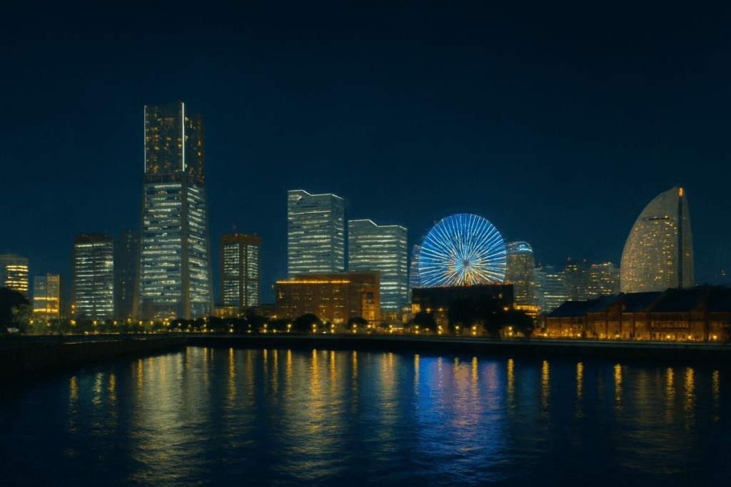 静かな夜の街並みと輝くビル群を横長で描いたデジタルペイント
A wide digital painting of a nighttime cityscape with glowing buildings