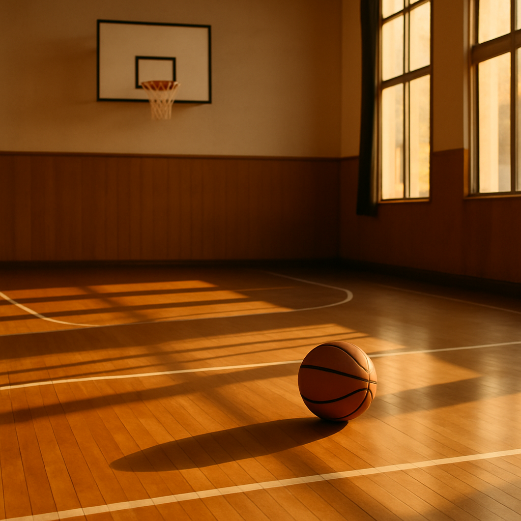 A basketball resting on a sunlit indoor court, symbolizing quiet resilience and the game still in play. 陽だまりの室内コートに置かれたバスケットボール。静かな闘志と“まだ試合は終わっていない”というメッセージを象徴する一枚。