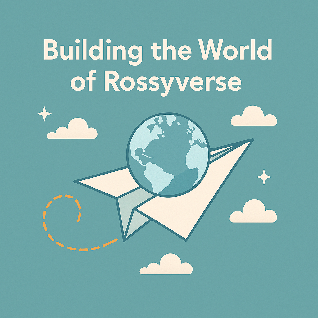 紙飛行機に地球を乗せたイラスト。背景は淡いブルーで、雲や星が浮かび、Rossyverseの世界観を象徴している。 An illustration of a paper airplane carrying the Earth, set against a soft blue background with floating clouds and stars — representing the Rossyverse.