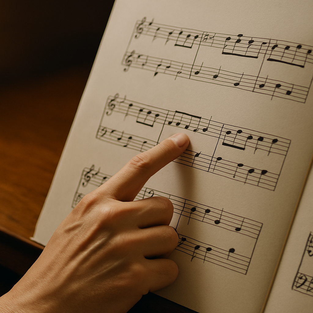 譜面の特定の小節を指さす演奏者の手元 A musician pointing to a specific measure on sheet music