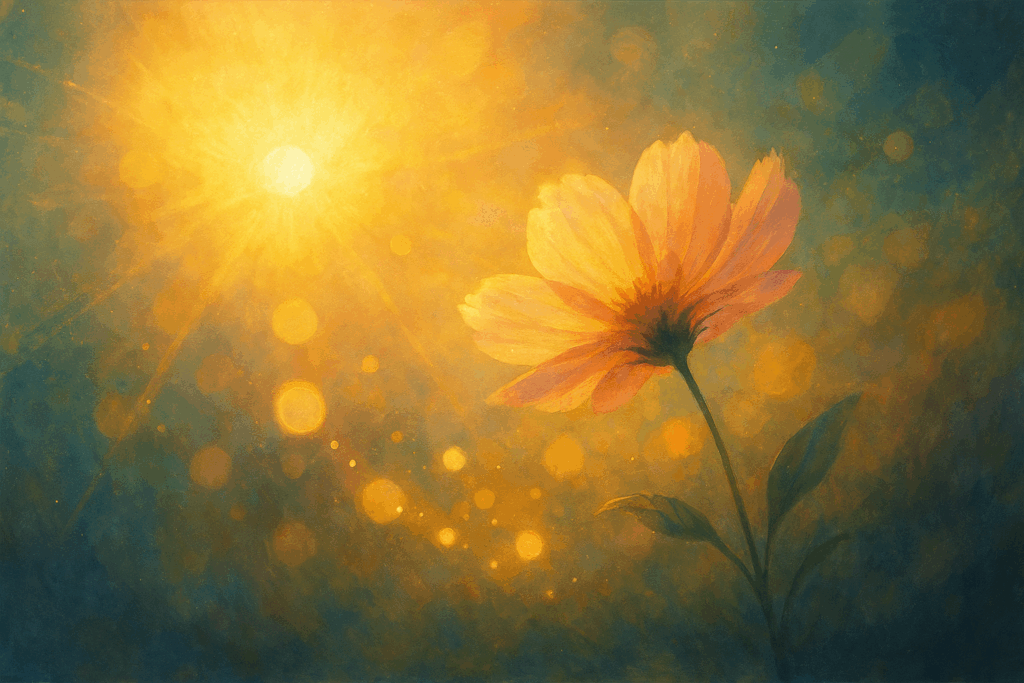 柔らかな光を浴びて咲く花を描いた横長イラスト
Wide illustration of a flower blooming in gentle light