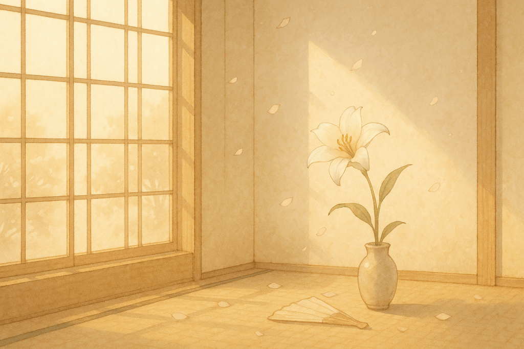 やわらかな光が差し込む和室に、一輪の白い花と舞う花びらの横長イラスト
Wide illustration of a Japanese room with gentle sunlight, a single white flower, and drifting petals