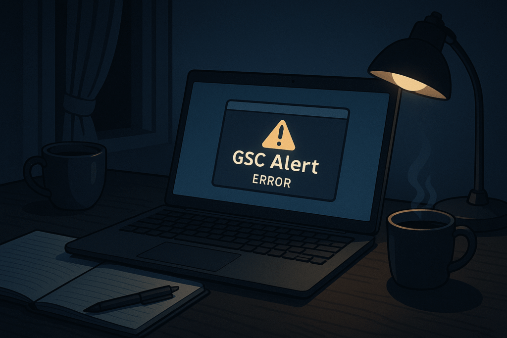 夜のデスクに映るパソコン画面にGSCの警告通知がポップアップしている横長イラスト
Wide illustration of a desktop at night with a computer screen showing a GSC alert popup