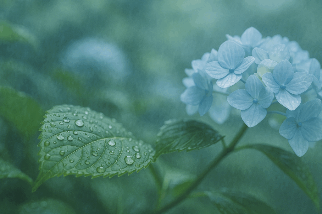 雨粒を宿した紫陽花の葉と花を描いた横長写真風イラスト
Wide photo-style illustration of hydrangea leaves with raindrops and blossoms nearby