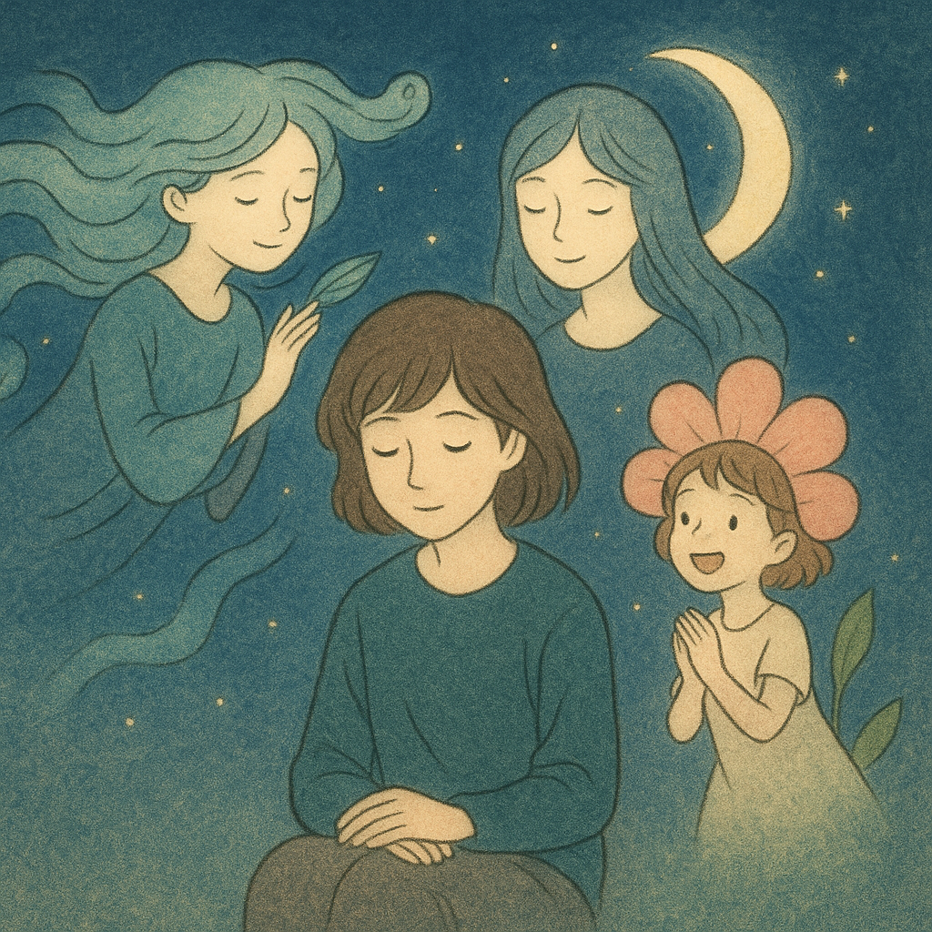 A dreamy, poetic illustration of three invisible companions—like the wind, the moon, and a flower—gently supporting a person in their quiet inner world.