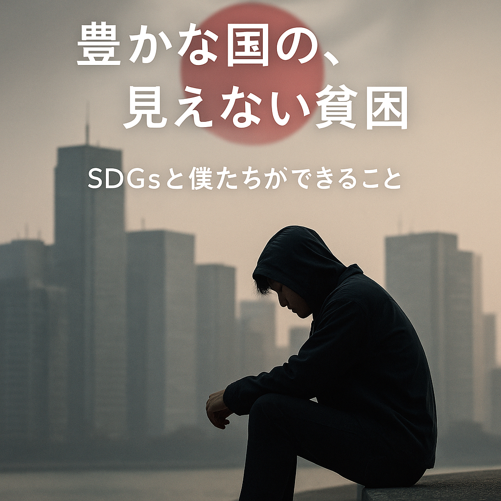 高層ビルの影でうつむく若者と、霞む日本国旗 A young person looking down in the shadow of skyscrapers, with a blurred Japanese flag in the background