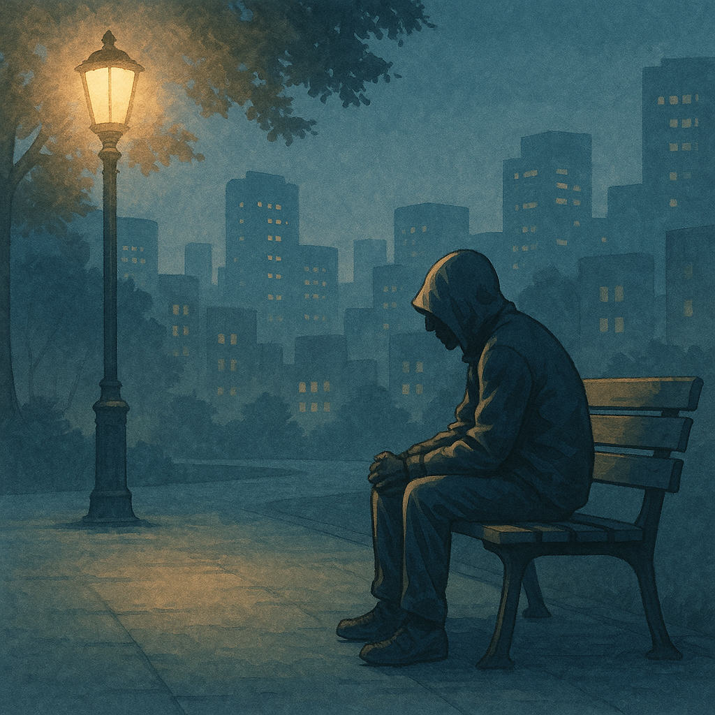 夜の街灯に照らされたベンチに、うつむいて座る人影を描いた横長イラスト
Wide illustration of a lone figure sitting on a bench under a streetlamp in a wealthy city at night