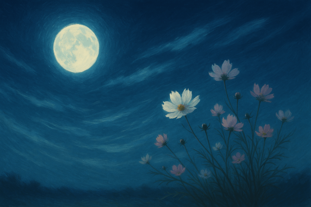 月明かりにそよぐ花と風を描いた横長の夜景
Wide night scene of moonlight with flowers swaying in the wind