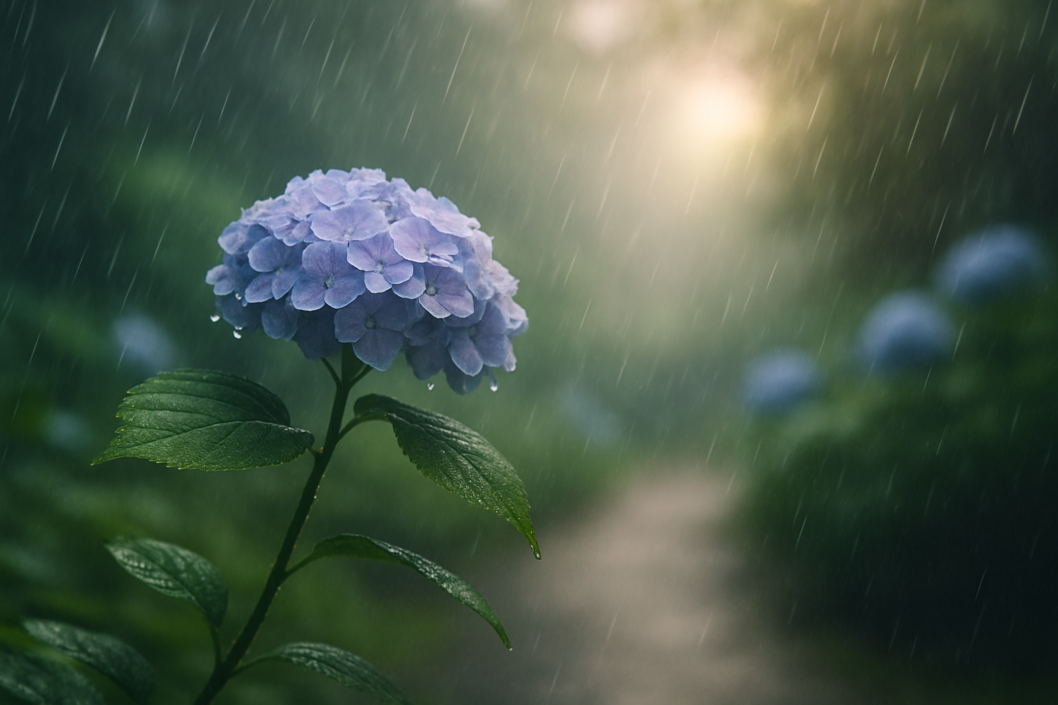 静かな雨の中で咲く紫陽花と淡い光が差し込む庭の風景 A hydrangea blooming quietly in the rain, with soft light in a garden