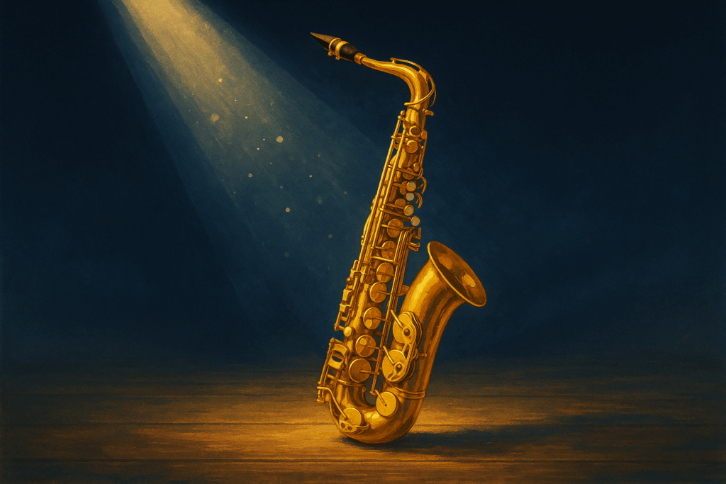 スポットライトに照らされるサックスと舞う光の粒を描いた横長イラスト
Wide illustration of a saxophone under a spotlight with glowing particles of light