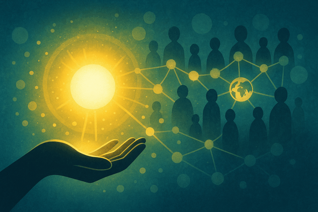 手のひらの光が広がり、人々と地球をつなぐ横長イラスト
Wide illustration of light in a hand spreading outward, connecting people and the Earth