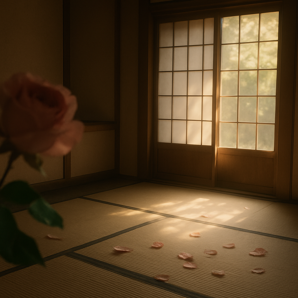 Soft sunlight filtering through a traditional Japanese room with rose petals on tatami.
