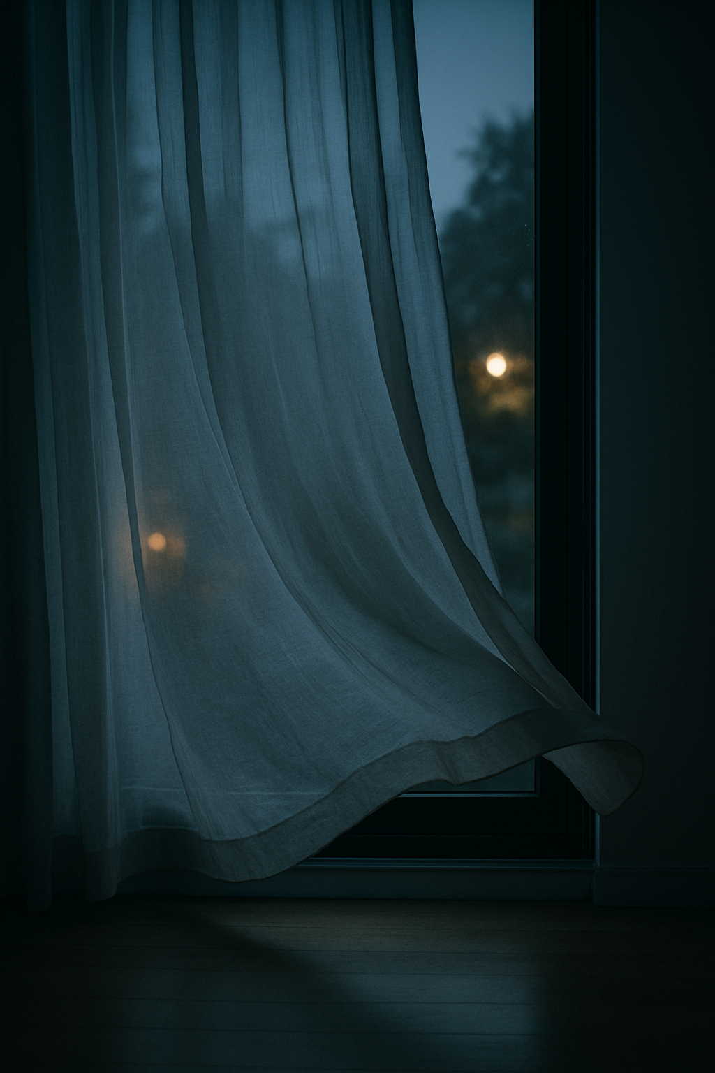 窓を閉めた夜、そよぐ風だけが語りかけてくるような情景 A closed window on a quiet night, with only the breeze speaking softly
