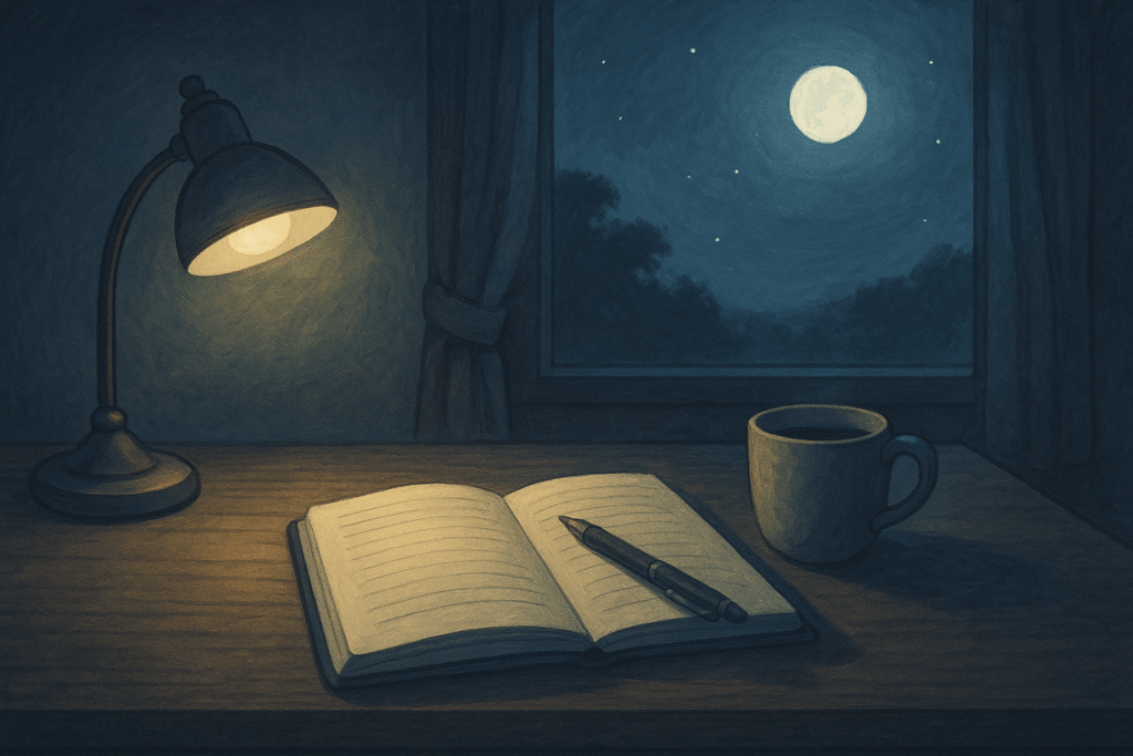 夜の机の上にノートとペン、月明かりとランプの光に照らされたカップを描いた横長イラスト
Wide illustration of a notebook, pen, and cup on a desk illuminated by moonlight and a desk lamp at night