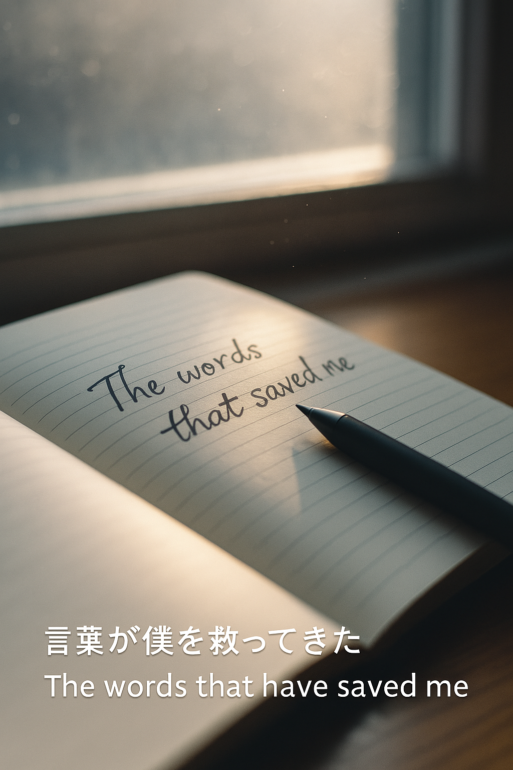 窓辺の柔らかな光の中に置かれたノートとペン。「The words that saved me」と書かれたページのクローズアップ A close-up of an open notebook by the window, with soft sunlight falling on the words “The words that saved me” and a pen resting nearby.