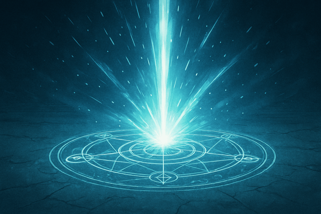 錬成陣から青白い閃光が噴き出す横長イラスト
Wide illustration of a transmutation circle erupting with blue-white alchemic light