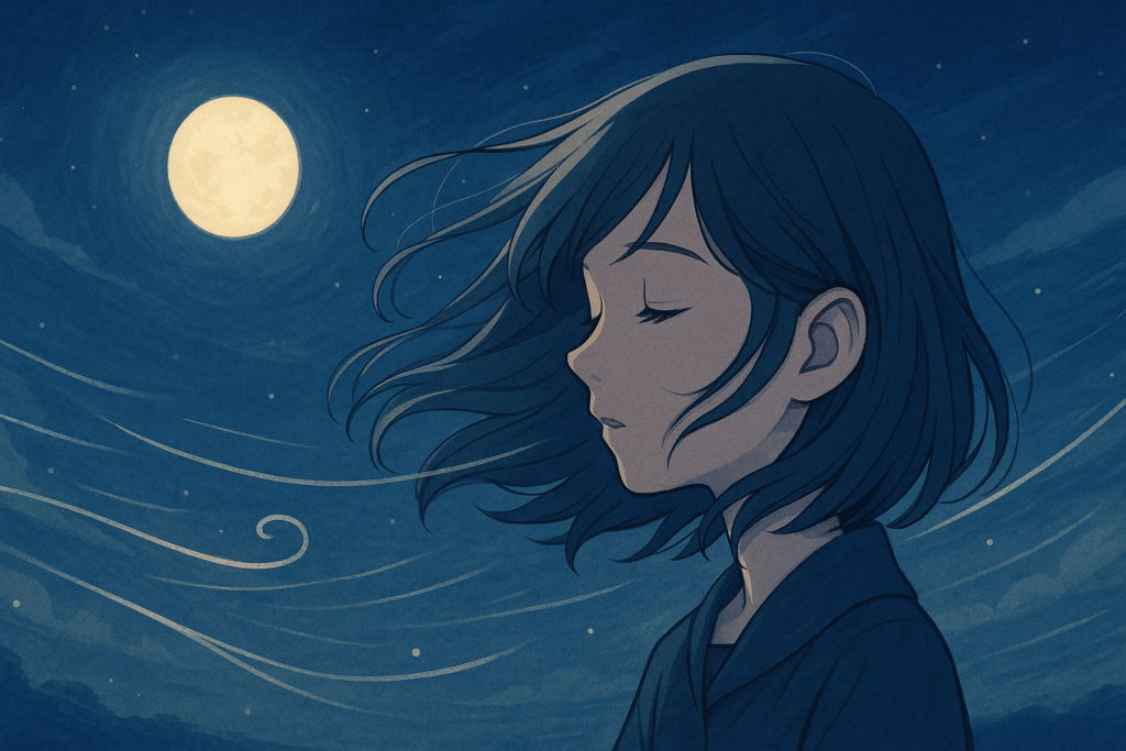月明かりの下、風に髪をなびかせる少女の横顔イラスト
Illustration of a girl in profile with hair flowing in the wind under moonlight