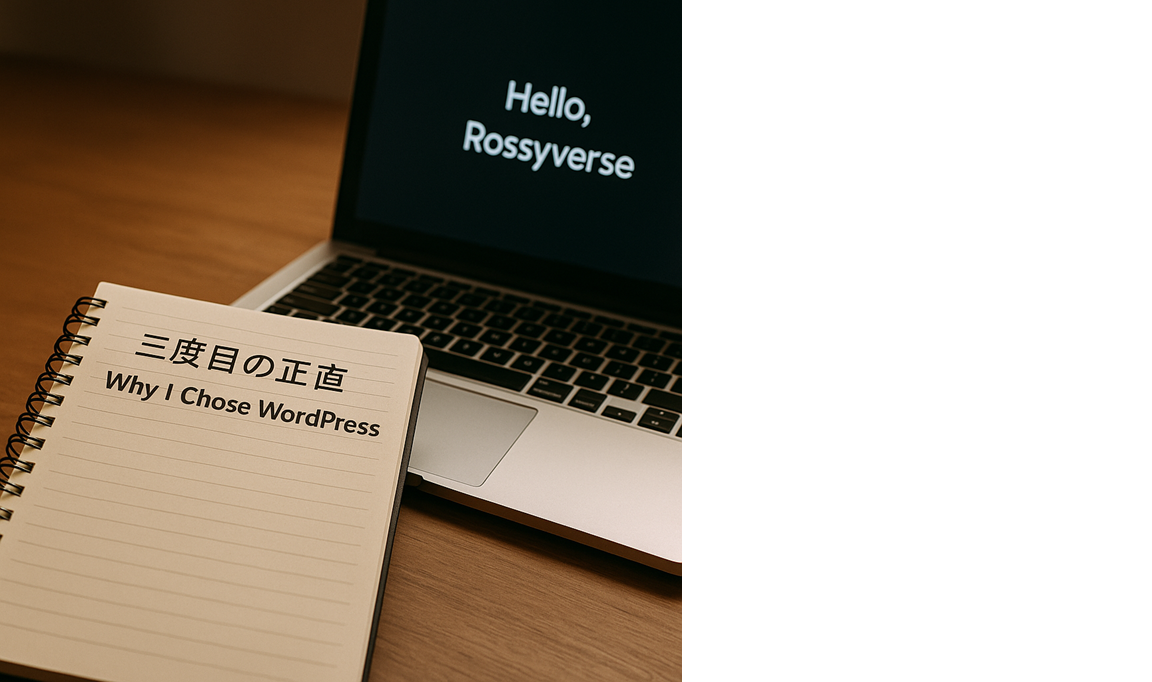 デスクに置かれたノートパソコンとノート。画面には「Hello, Rossyverse」の文字。 A laptop and notebook on a desk, with the screen displaying “Hello, Rossyverse.”