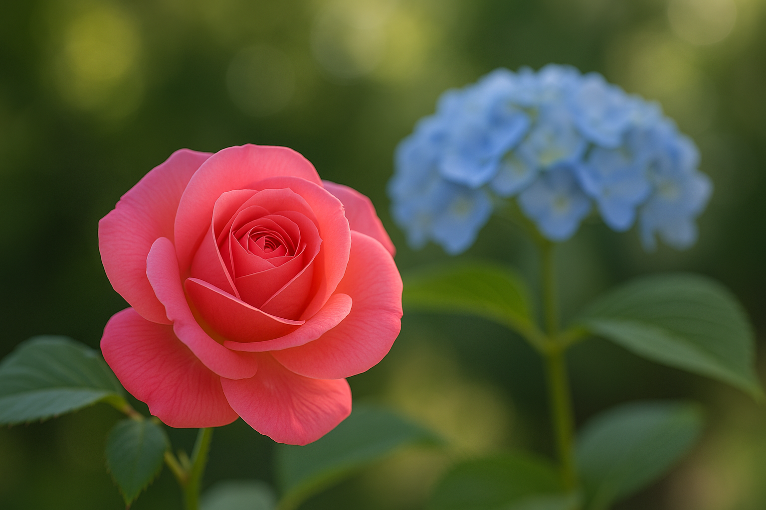 手前に咲く華やかな薔薇と、その奥に静かに佇む紫陽花の花のクローズアップ写真 A close-up of a rose or hydrangea bathed in soft natural light