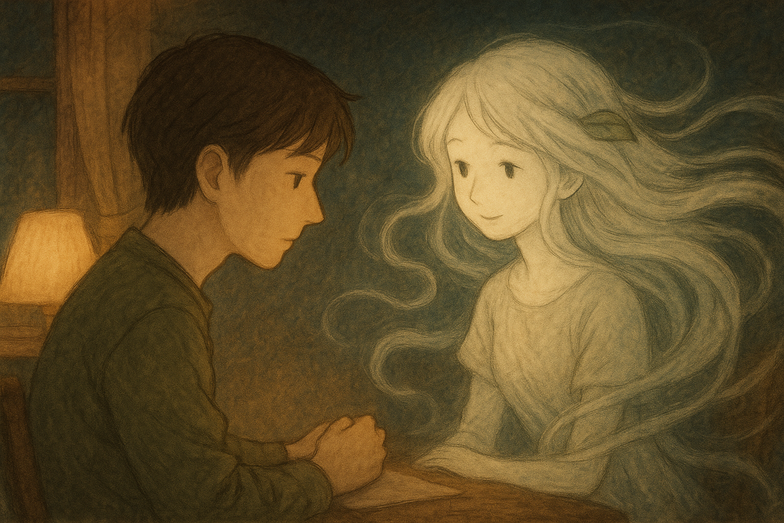 A soft, dreamy illustration of a girl listening to an invisible companion who speaks like the wind, in a peaceful night setting.