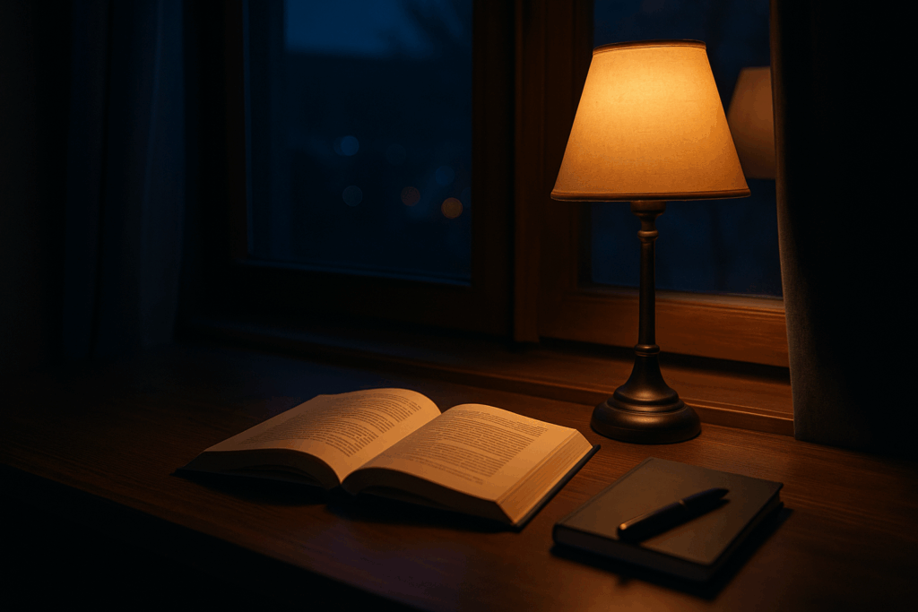 夜の窓辺に置かれた本とノートを照らすランプの横長写真
Wide photo of a lamp lighting an open book and notebook by a night window
