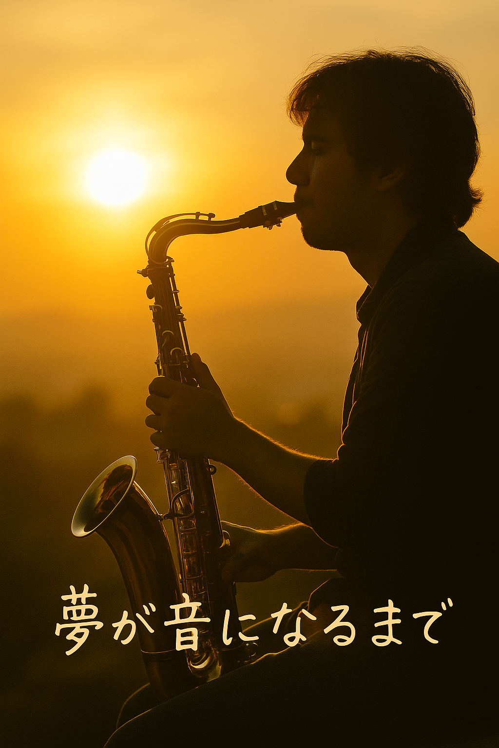 「夕暮れ時にアルトサックスを吹く人物のシルエット」