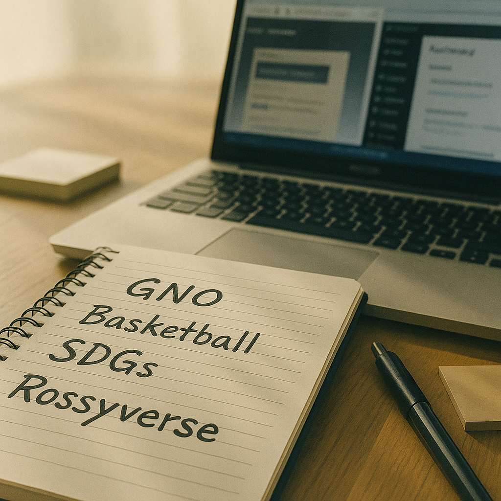 ノートに「GNO」「Basketball」「SDGs」「Rossyverse」と書かれた文字とペン、背景にノートPCを映した横長写真風イラスト
Wide photo-style illustration of a notebook with “GNO”, “Basketball”, “SDGs”, and “Rossyverse” written, with a pen and a laptop in the background