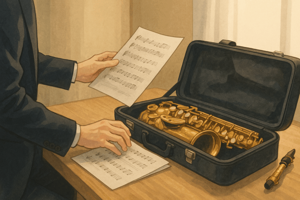 控室でサックスのケースを開き、譜面を手に持つ演奏前の緊張した横長イラスト
Wide illustration of a musician in a preparation room, opening a saxophone case and holding sheet music before the performance