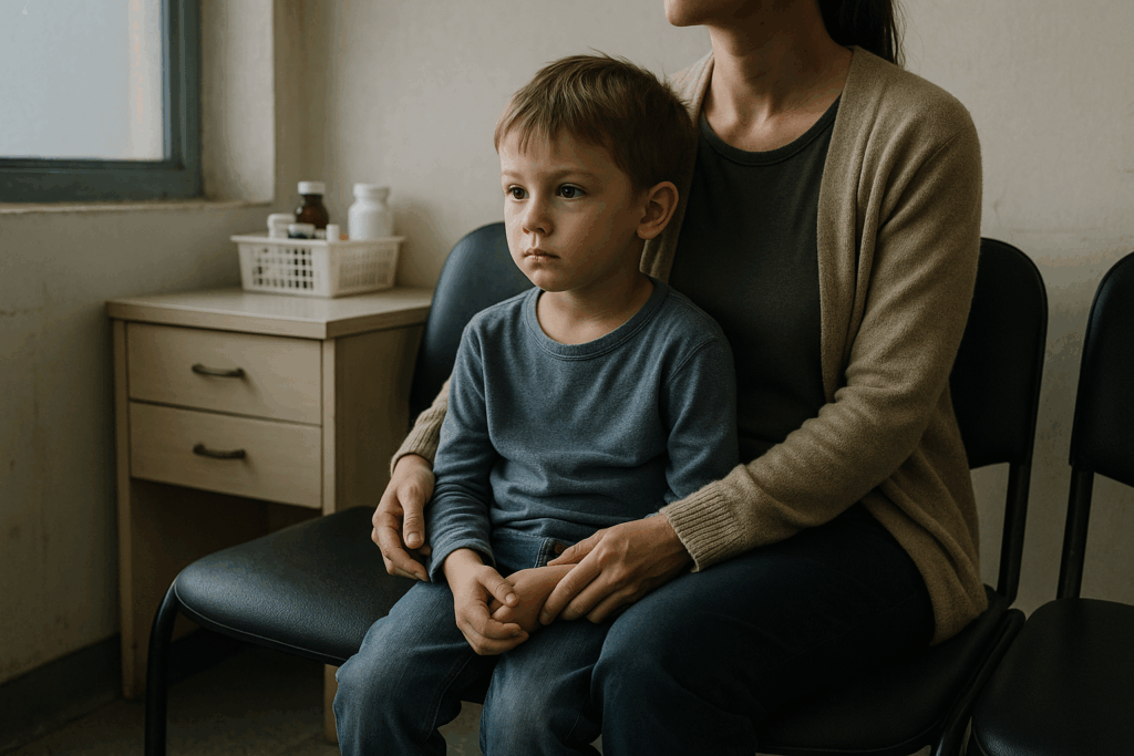 簡素な病院待合室で親と座る子どもを写した横長写真風シーン
Wide photo-style illustration of a child sitting with a parent in a modest clinic waiting room