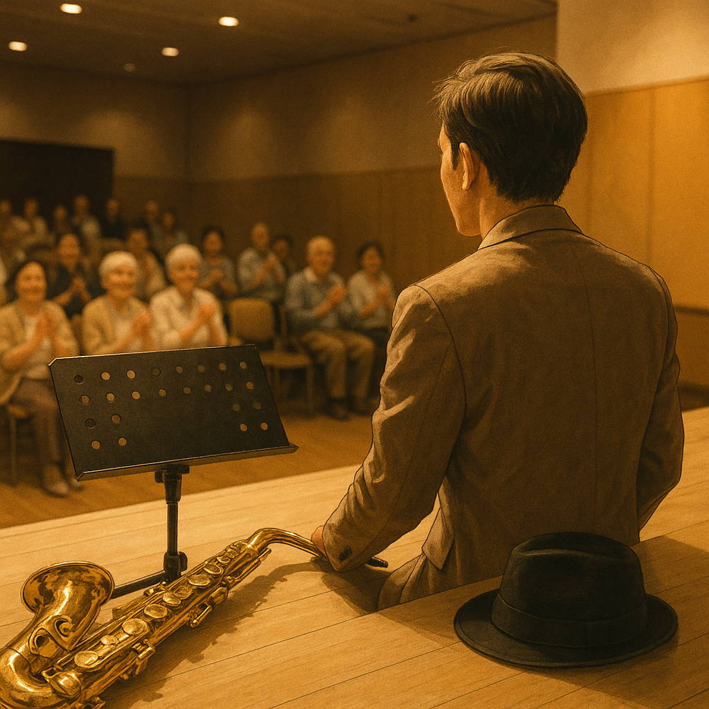 公演後、サックスとハットをステージに置き、観客の拍手を背に受ける音楽家の横長写真風イラスト
Wide photo-style illustration of a musician setting down a saxophone and hat on stage, with the audience applauding in the background
