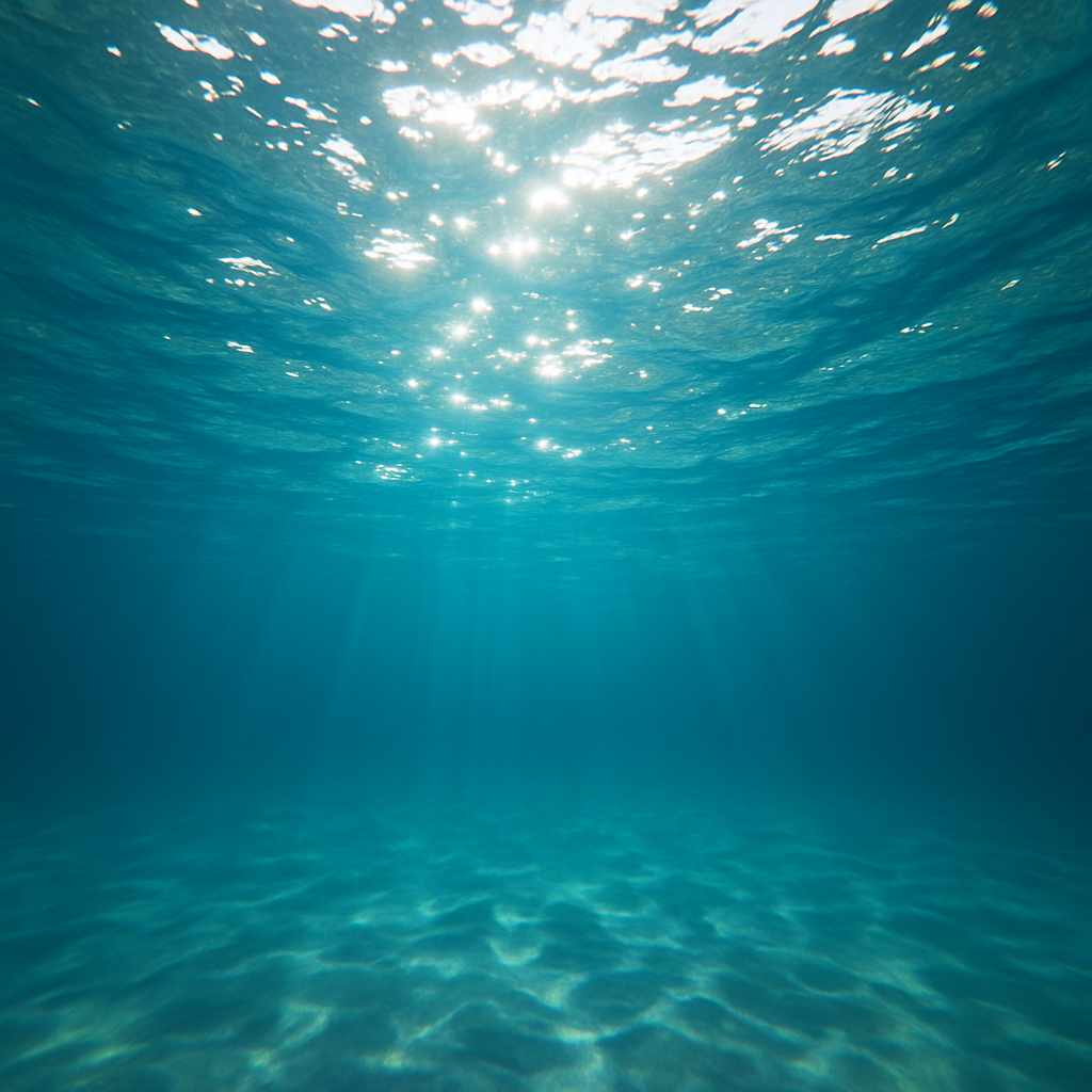 水中から水面を見上げる静かな光景。静けさと癒しの世界。 A tranquil view looking up at the water surface from underwater — a world of quiet and healing.