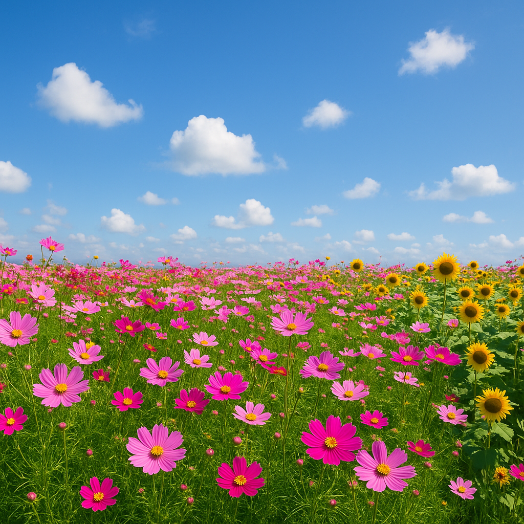 青空の下に広がる色とりどりの花園。平和と希望を象徴する風景。 A colorful flower garden under a clear blue sky, symbolizing peace and hope.