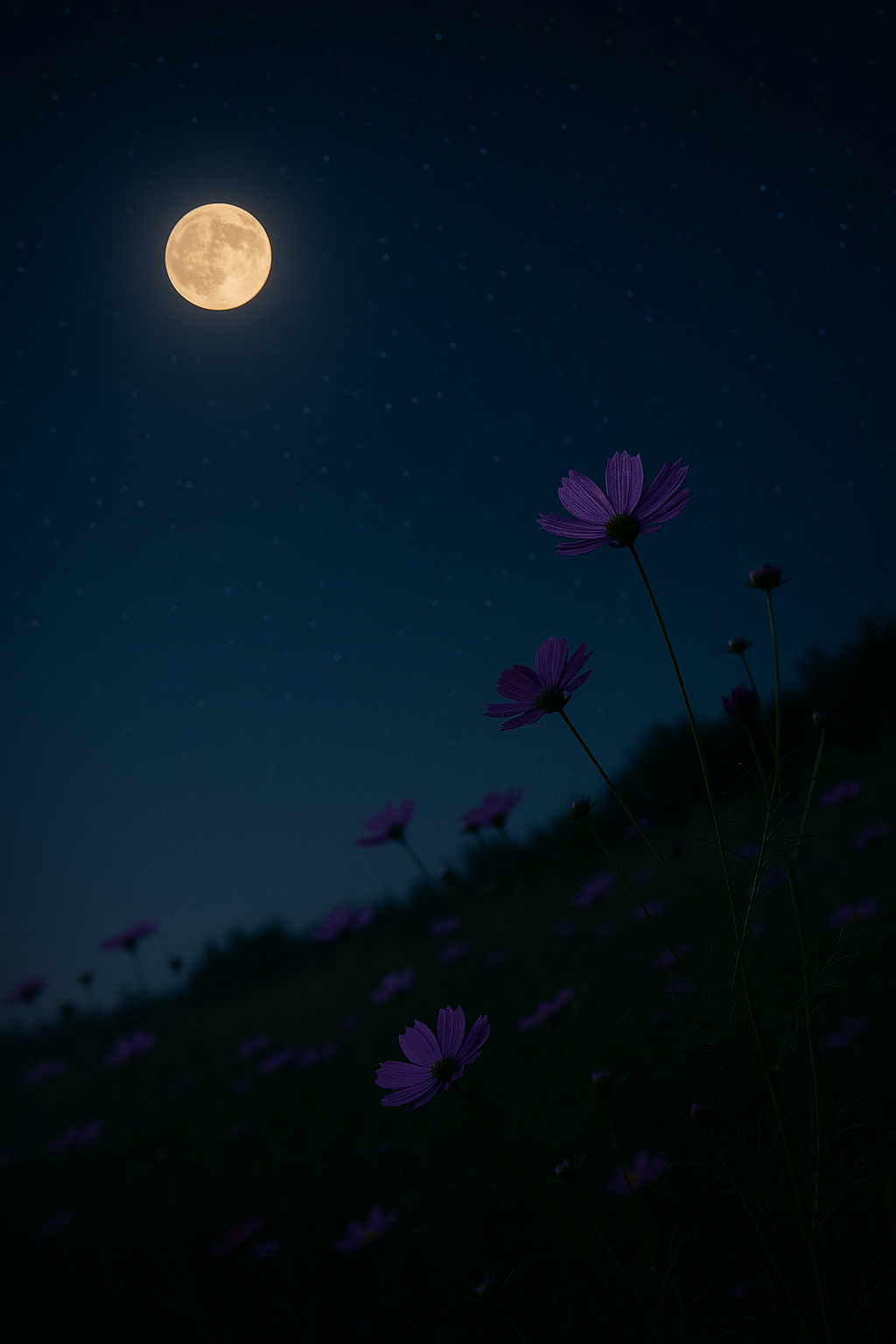 夜の草むらに咲く花と月明かり、静けさの中に秋の気配を感じさせる風景。 Flowers in a meadow lit by moonlight, a quiet scene that evokes the presence of autumn.