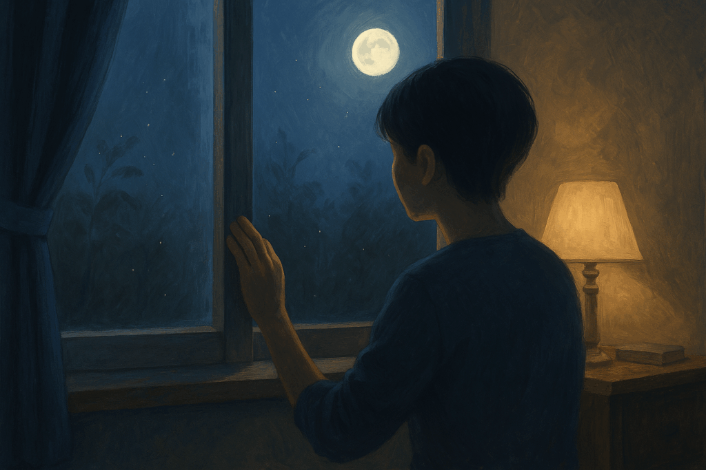 窓辺に立ち、夜の虫の声に耳を澄ませる人物と月明かりが差し込む静かな室内を描いた横長のデジタルペイント
Wide digital painting of a person standing by an open window, listening to night insects, with moonlight streaming into a quiet room