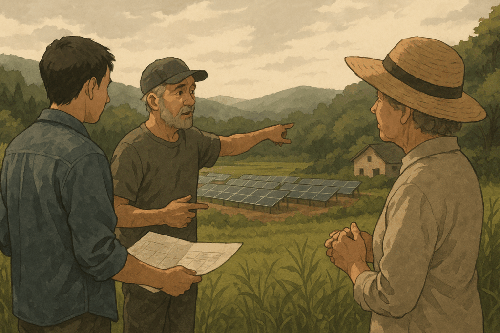 ソーラーパネル設置予定地を前に、自然を指差しながら話し合う地域住民を描いた横長イラスト
Wide illustration of community members discussing and pointing at nature in front of a solar farm site