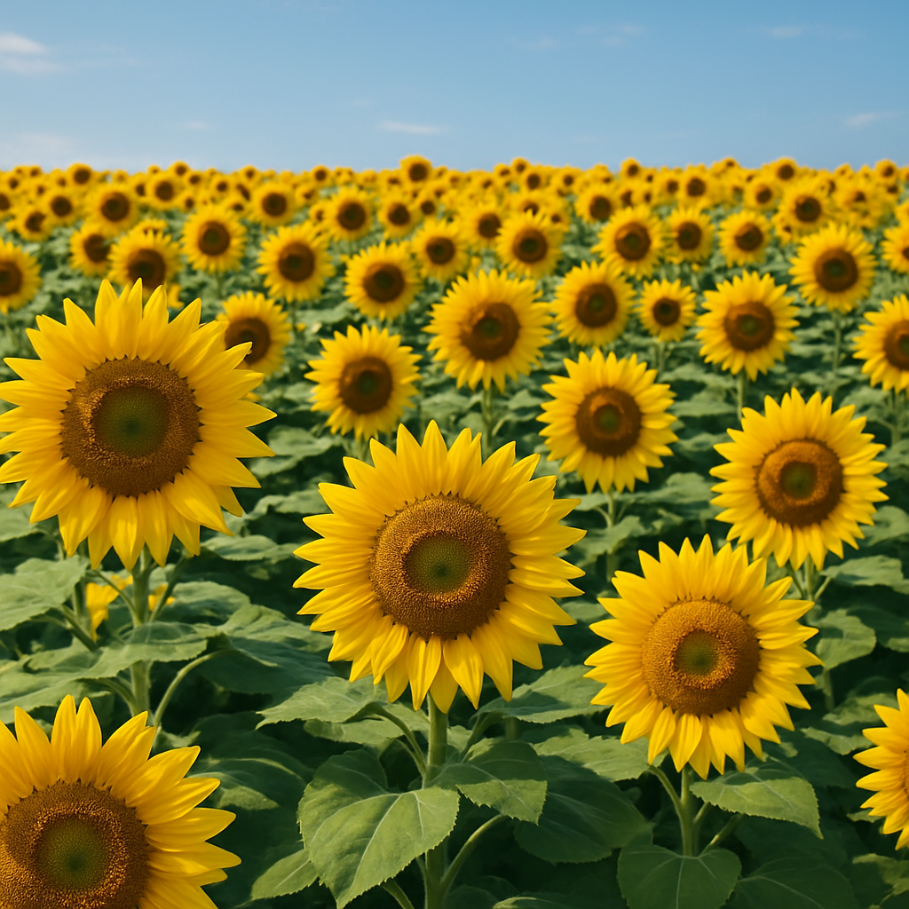 数千本の向日葵がこちらを向いて咲いている夏の畑の風景 A summer field filled with thousands of sunflowers facing forward