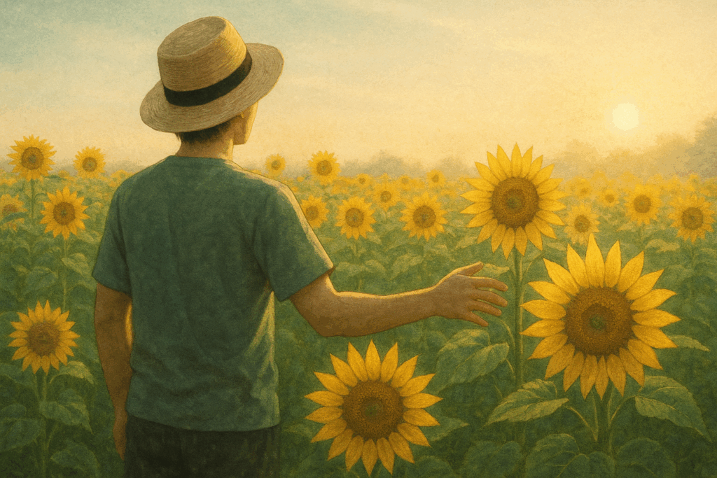 夏の朝、ひまわり畑の中で花に手を伸ばす人物を描いた横長写真風イラスト
Wide photo-style illustration of a person reaching out to touch sunflowers in a summer morning field