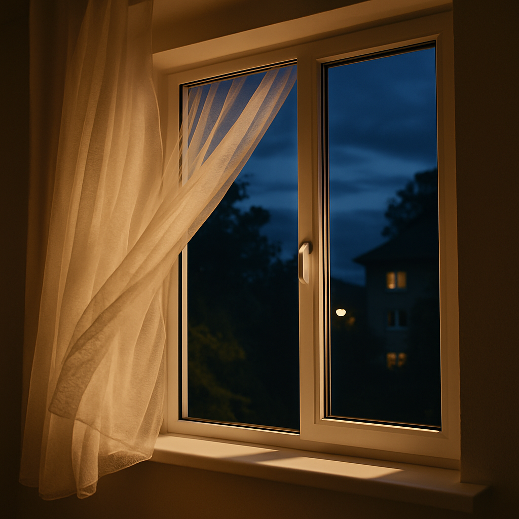 白い窓枠が開け放たれ、外の暗さと室内の明るさが対比する夜の風景
An open white-framed window showing a contrast between the bright interior and the dark exterior night scene