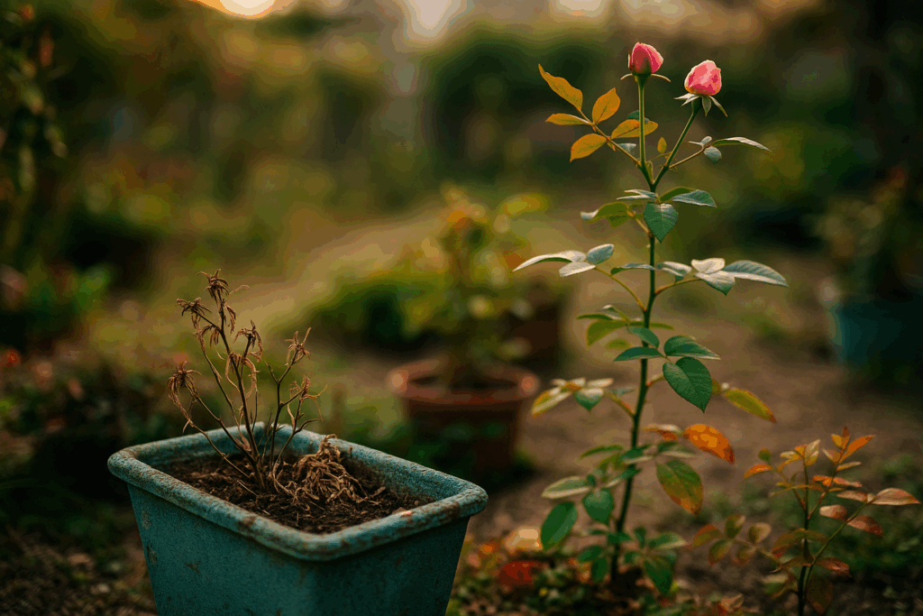 夏の暑さで枯れた鉢植えと、新芽を伸ばす秋の薔薇が並ぶ庭の風景
A garden scene with a withered potted plant beside a rose sprouting fresh buds in autumn