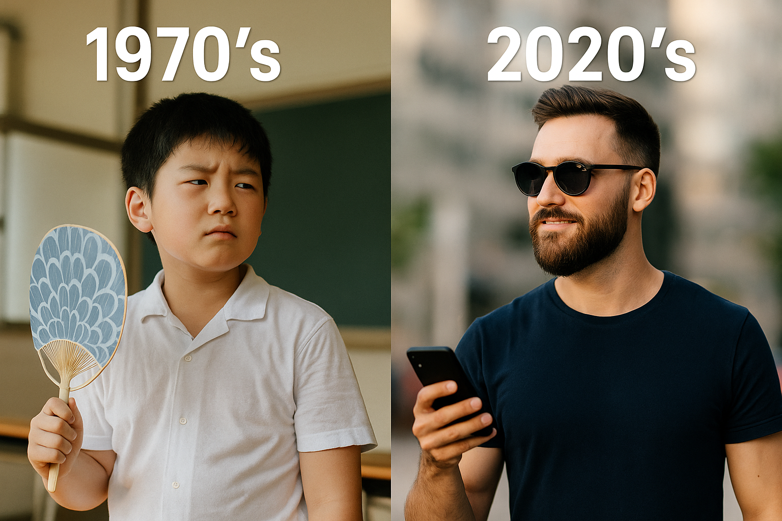 1970年代の少年と2020年代の男性を対比したリアル調の写真風コラージュ。少年は団扇を持ち汗を拭き、男性はスマホを片手に微笑んでいる。Side-by-side photo-style comparison of a 1970s boy with a fan and a 2020s man with a smartphone.