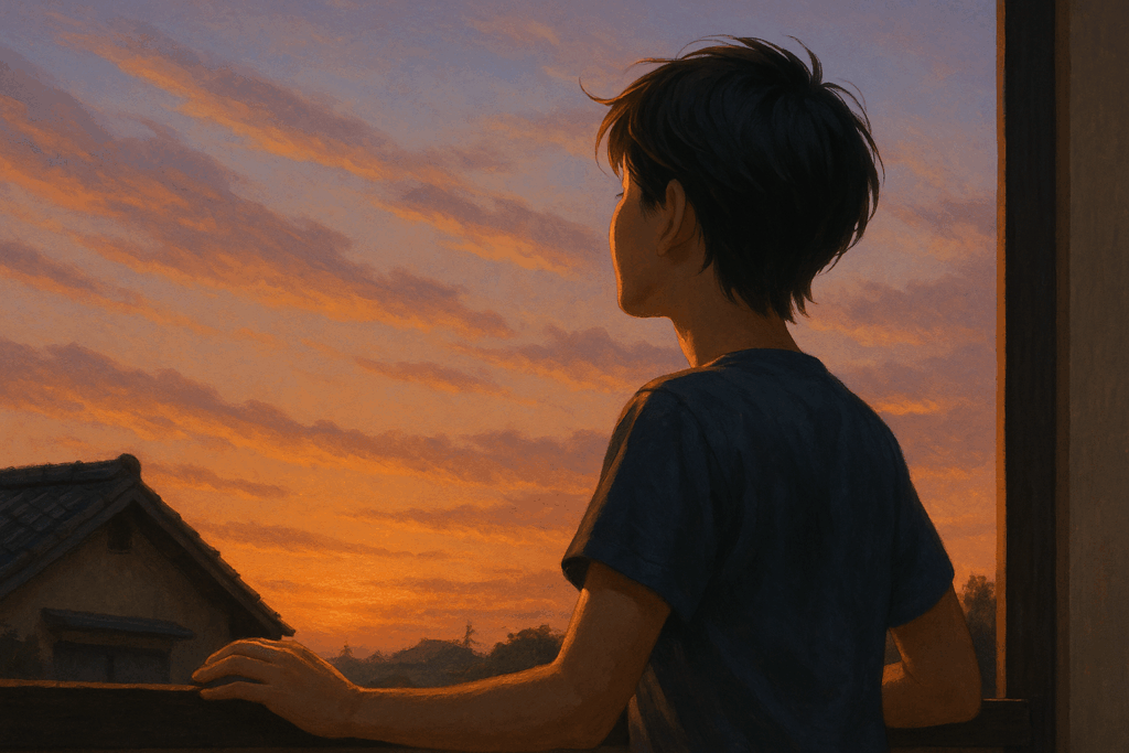夕暮れの空を見上げる人物の背中と手、夏の名残を感じる柔らかな光に染まる横長イラスト
Wide illustration of a person gazing at the fading summer sky, their back and hand bathed in the soft glow of sunset