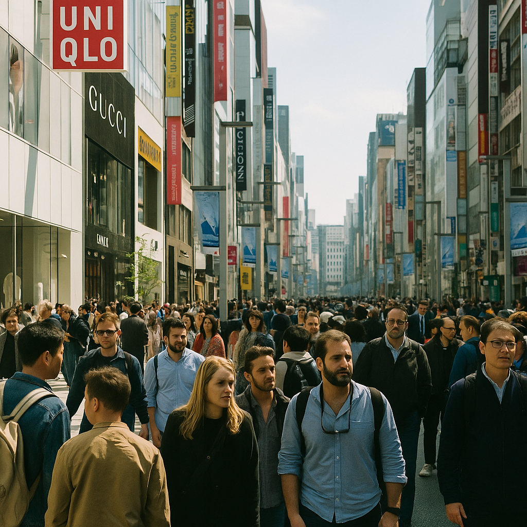 銀座の大通りを歩く多国籍の観光客たち。
Tourists from diverse countries walking along Ginza’s main street.