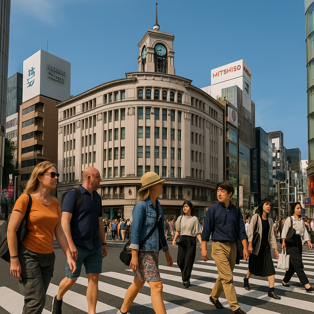 銀座の和光ビル前の交差点を、多くの観光客と日本人が歩いている様子を写した写真。青空の下、街のにぎわいが感じられる。A photograph of people crossing in front of Ginza’s Wako building, with both tourists and locals under a clear blue sky, capturing the city’s lively atmosphere.