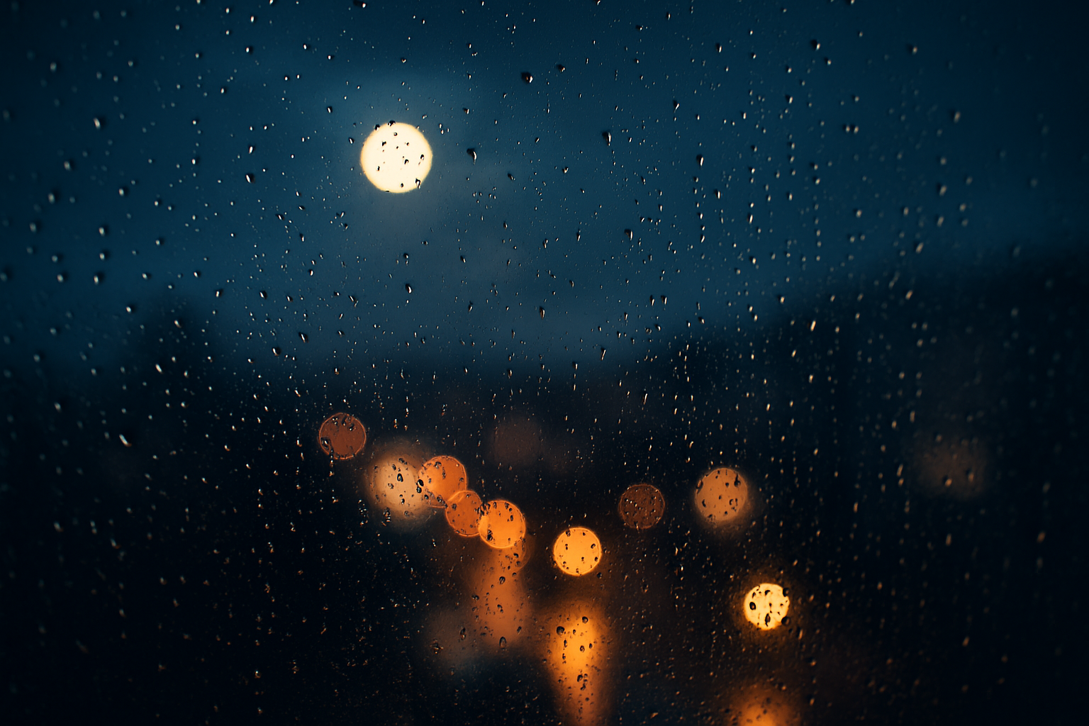 雨に濡れる窓越しの街灯り。虫の声が消えた夜の静けさを映す風景。 City lights blurred through a rain-soaked window, capturing the silence of a night without insect voices.