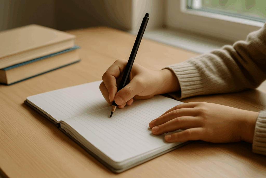 ノートに鉛筆で書き込む子どもの手
A child’s hands writing in a notebook with a pencil