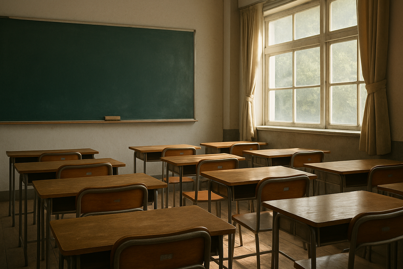 日中の光が差し込む静かな教室の風景 A quiet classroom during the day with sunlight streaming in