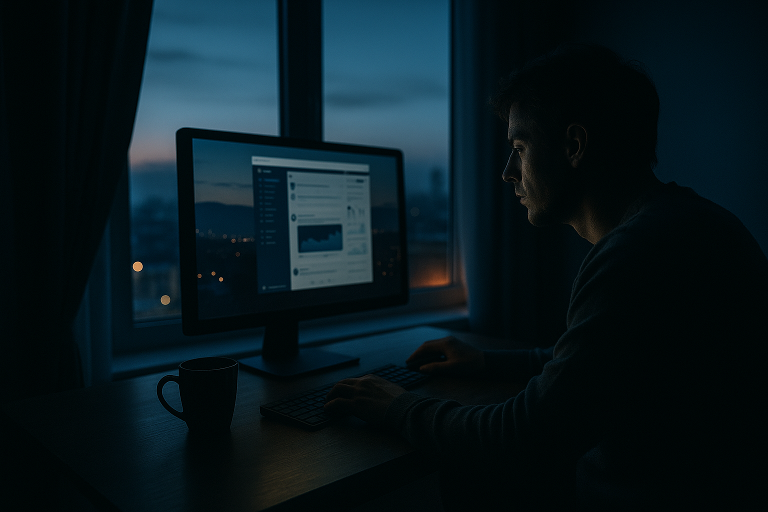 夜明け前のデスクに差し込む柔らかな光と、静かに輝くノートPC。焦りの中に見えた希望の瞬間。 A softly lit desk before dawn, with a glowing laptop and faint morning light — a quiet moment of hope amid pressure.