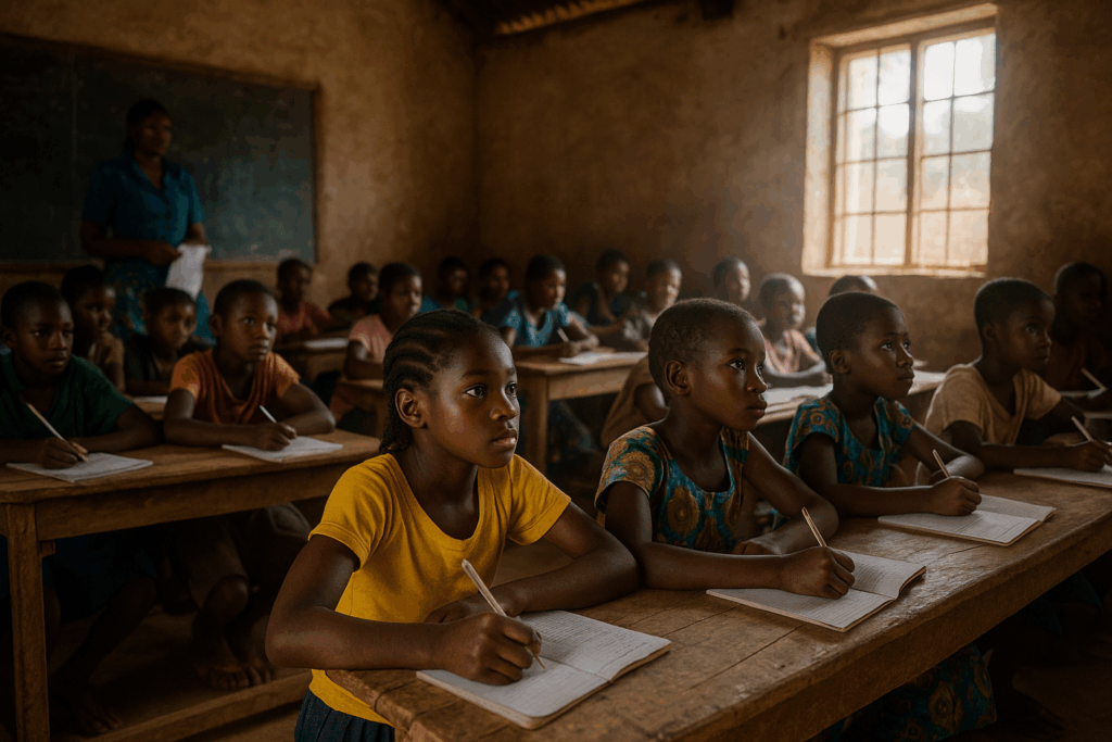 アフリカの教室で勉強する子どもたち。光が差し込み、学ぶ喜びと希望を象徴している。
Children studying in an African classroom filled with warm sunlight, symbolizing the joy and hope of learning.