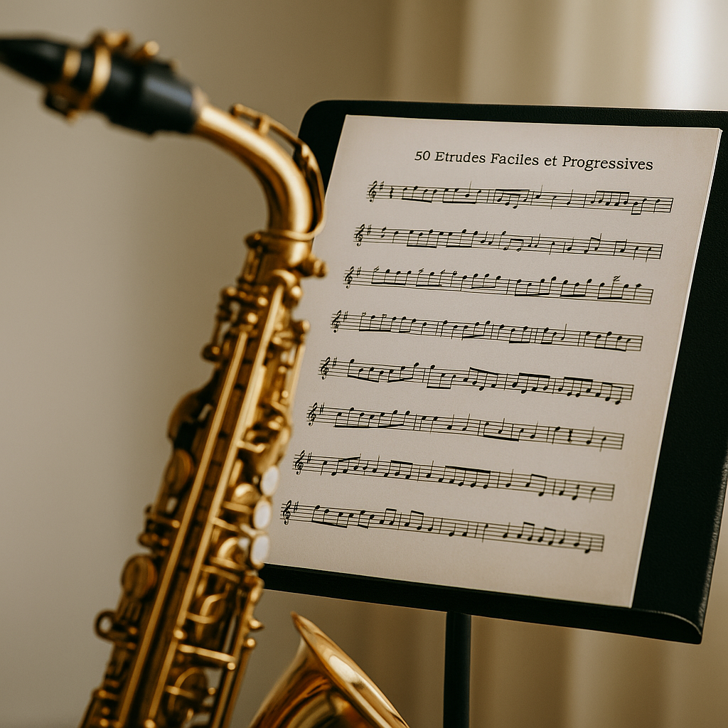 Guy Lacourのサックス練習曲が開かれた譜面台。朝の光の中、横に置かれたマウスピースとネックが静かに次の音を待っている。Guy Lacour’s saxophone étude rests open on a music stand, with the mouthpiece and neck beside it, waiting quietly in the morning light.